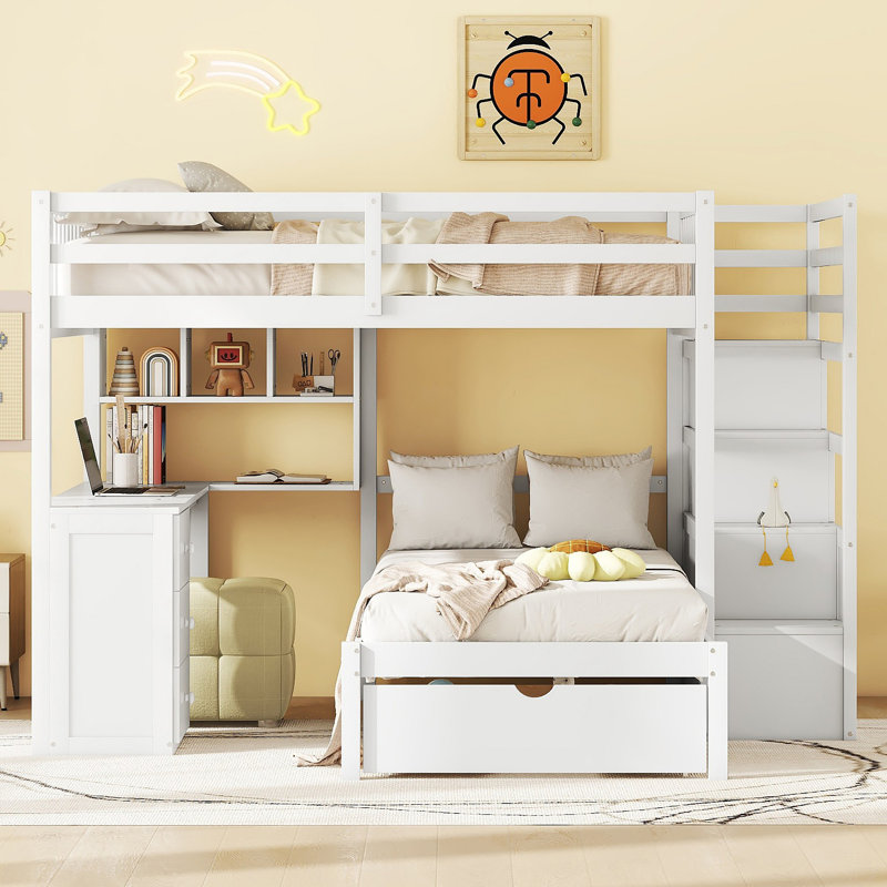 Lit superposé avec bureau, tiroirs et tablettes, Blanc