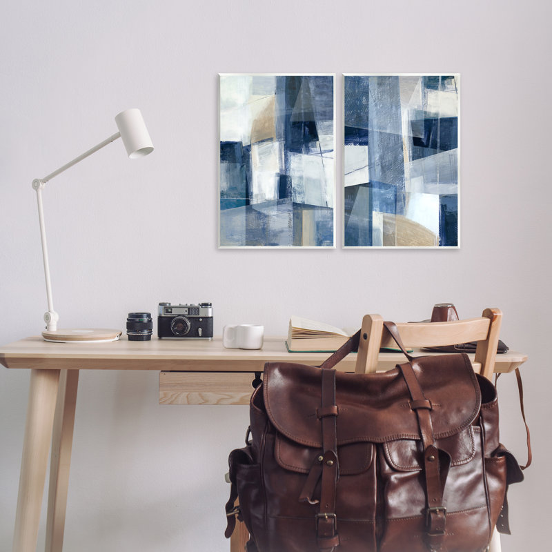 "Blue Geometrics", ensemble d'art sur plaque murale par Hannah Dawson, H 19 po x l 13 po