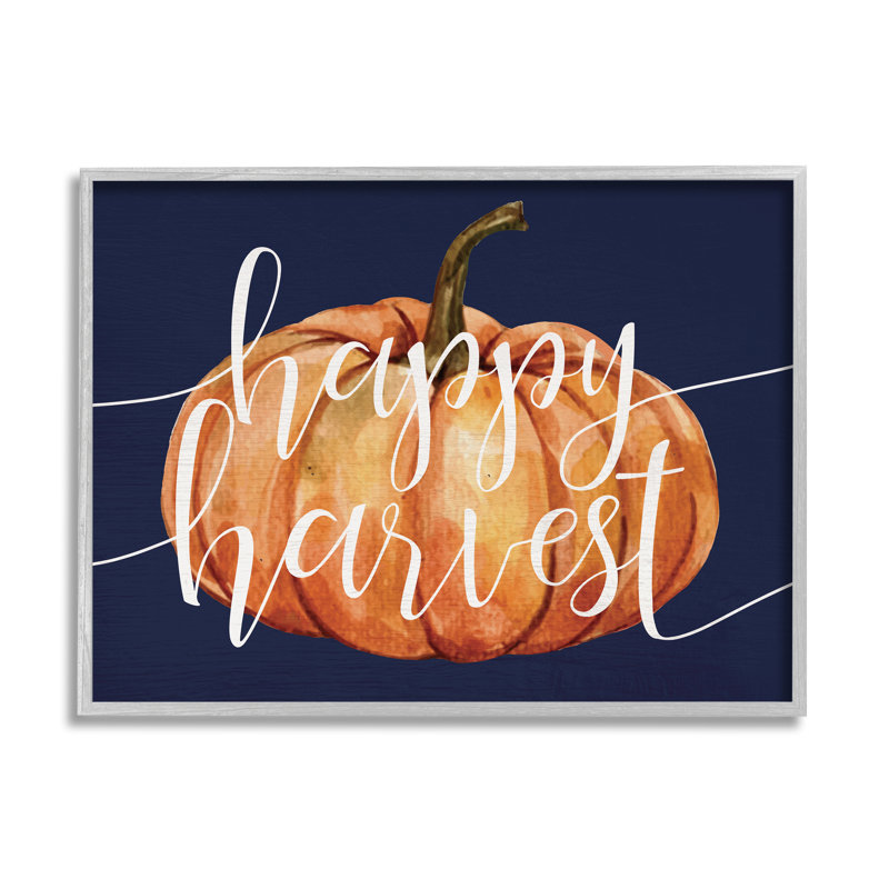 «Happy Harvest Expression Orange Pumpkin Over Blue» par - Art textuel, H 11 po x l 14 po, Estampe numérique Farmhouse