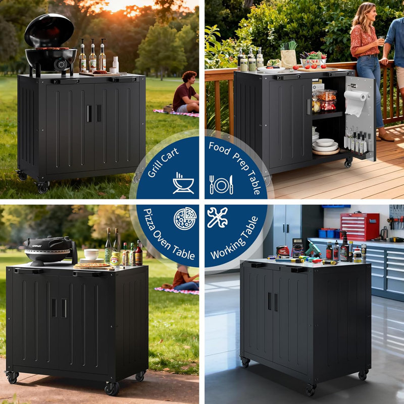 Grill Table, Outdoor Grill Cart Bar Cart with Storage Cabinet for Grilling Accessories, Outdoor Cooking Table, Made Entirely of Stainless Steel, for Kitchen Prep, Working Table, Lawn & Garden