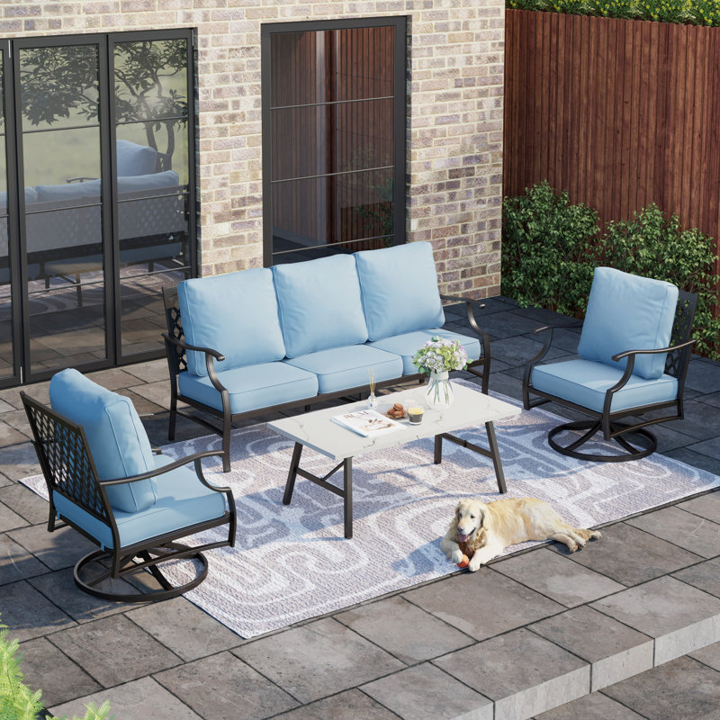 Asfand 5-Person Metal Patio Conversation Set with Swivel Lounge Chairs, Cushion Pro Blue Performance, No