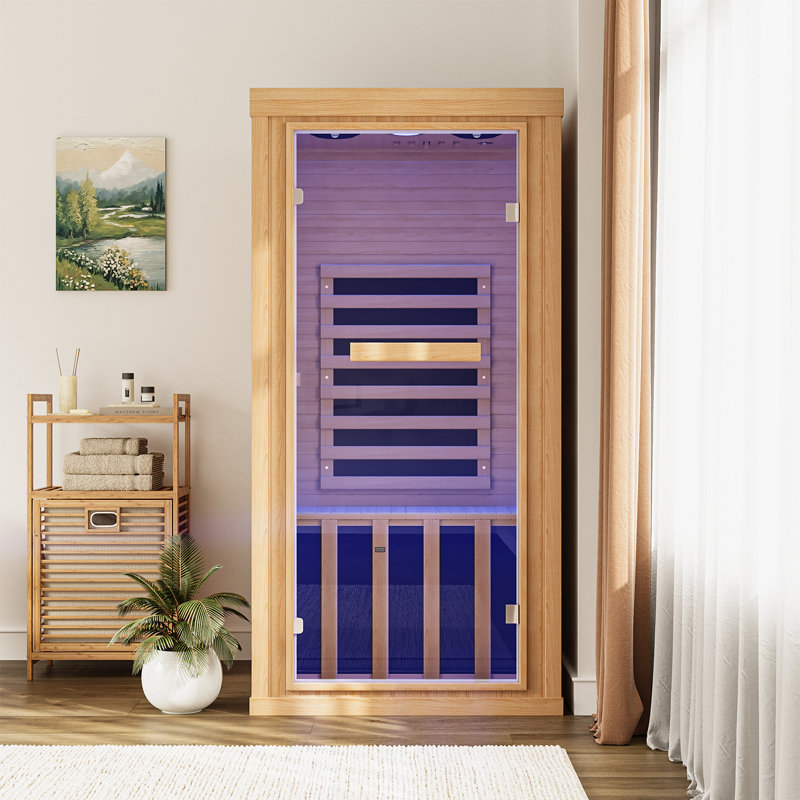 1-person Low Emf Far Infrared Sauna For Home, Canadian Hemlock Wood With Bluetooth Speakers & Chromotherapy Lighting