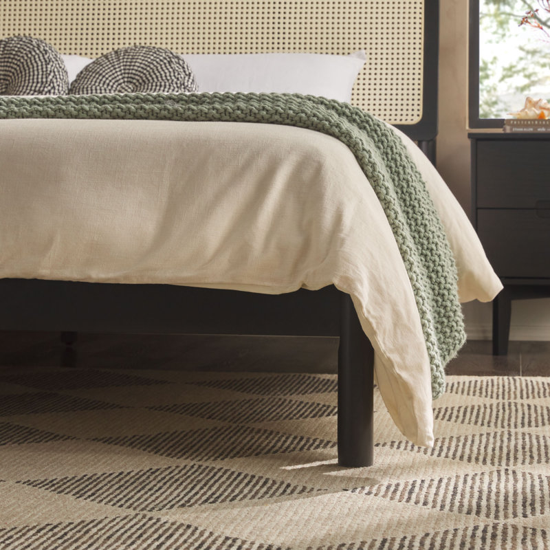 Boho Curved Rattan Headboard King Bed, Black