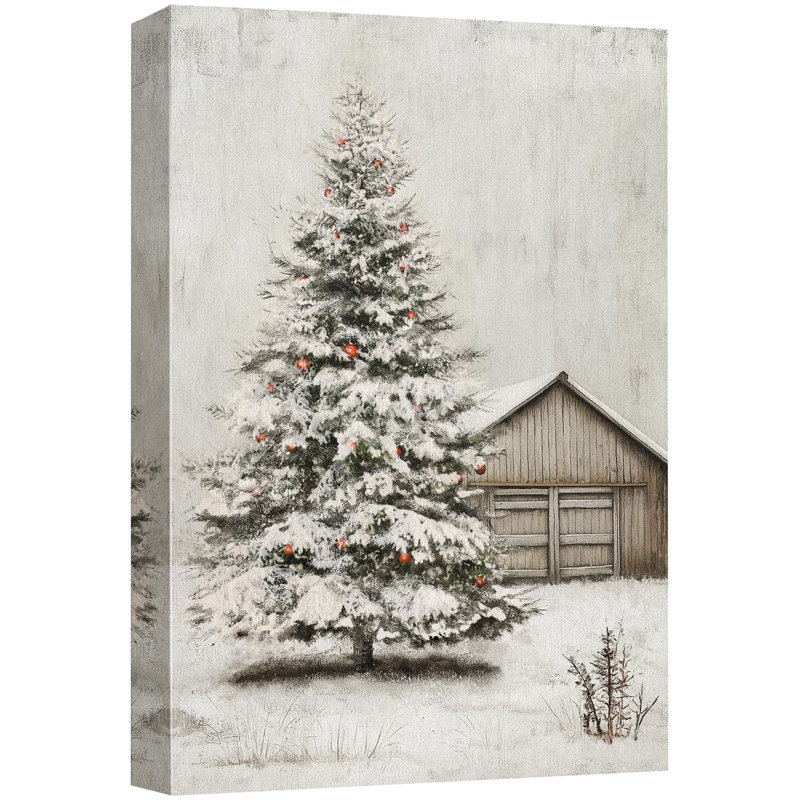 Arbre de Noël rustique enneigé, décorations rouges de vacances par une grange, décor de ferme Illustration, Toile tendue