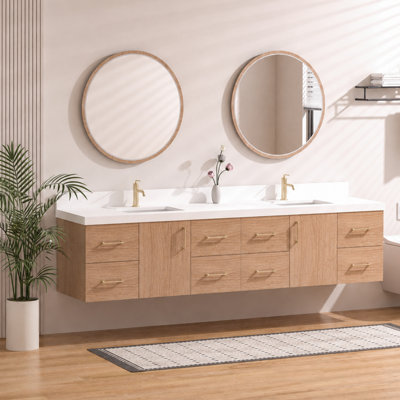 Meuble-lavabo double mural 84 po avec comptoir en quartz blanc et lavabos en céramique 84 po