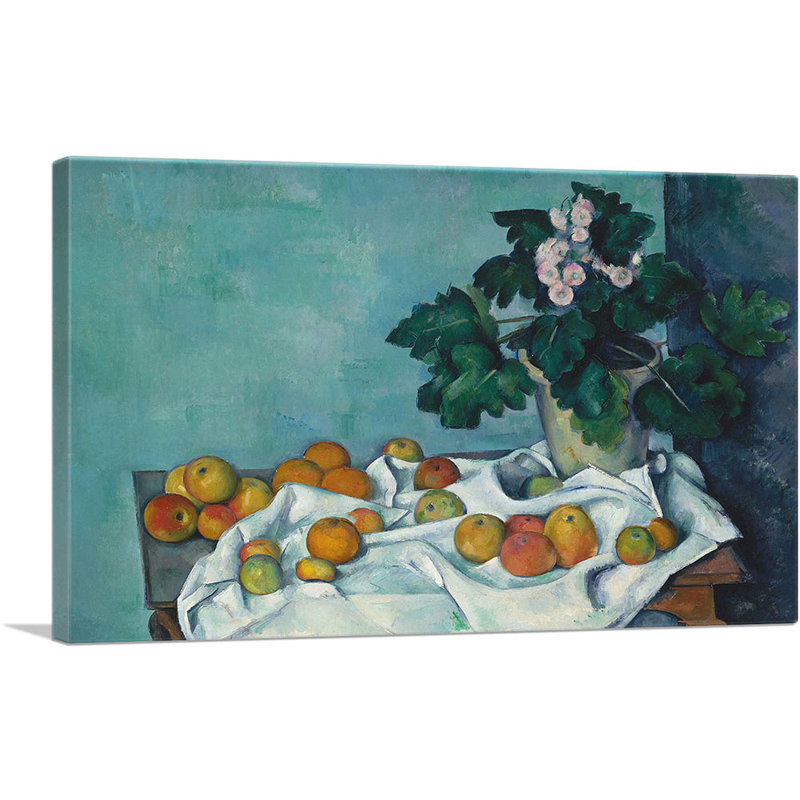 Nature morte avec des pommes et un pot de primevères - 1890, H 18 po x l 26 po x P 1,5 po