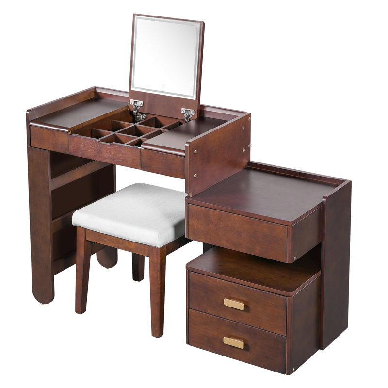 Stylish 31 Dressing Vanity With Flip-Top Mirror, Adjustable Lighting, And Retractable Storage Unit In Walnut Finish Table 3 Colors Led Ample Options Shade