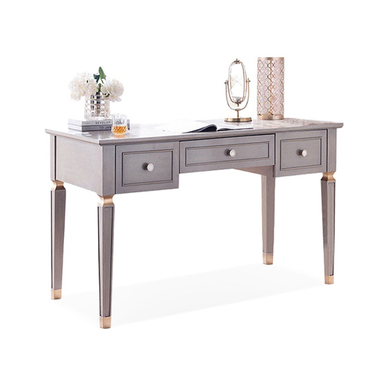 Bureau d'écriture rectangulaire en bois massif gris avec tiroirs