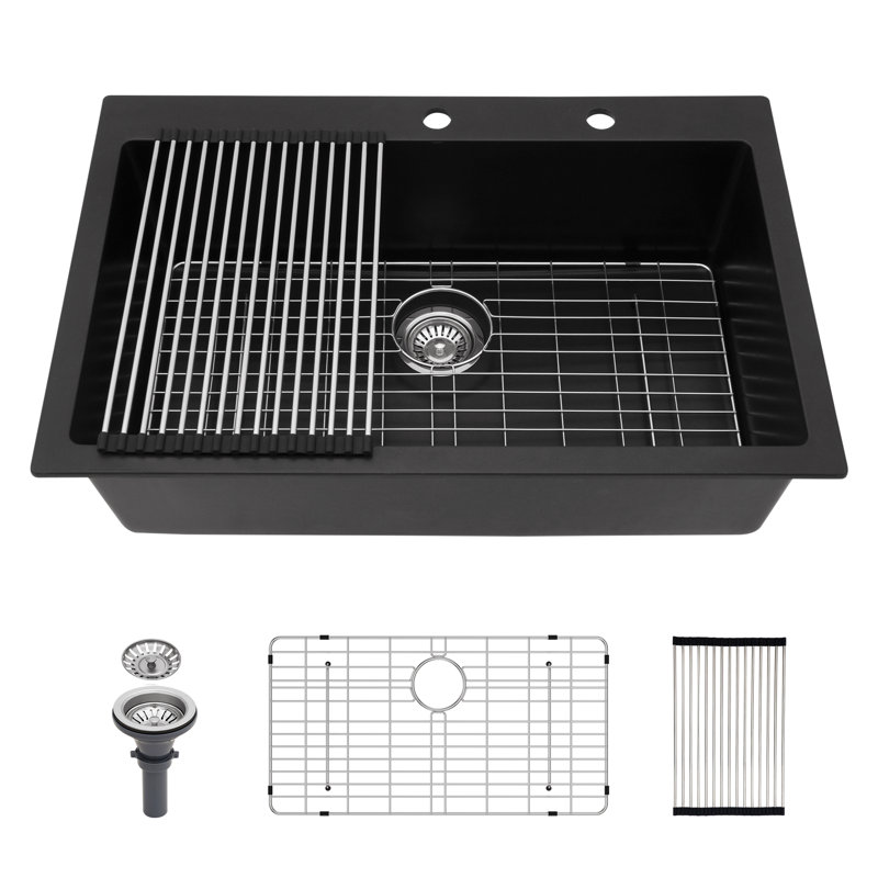 Quartz Kitchen Sink - 33X22" Black Granite Composite Drop In Kitchen Sink