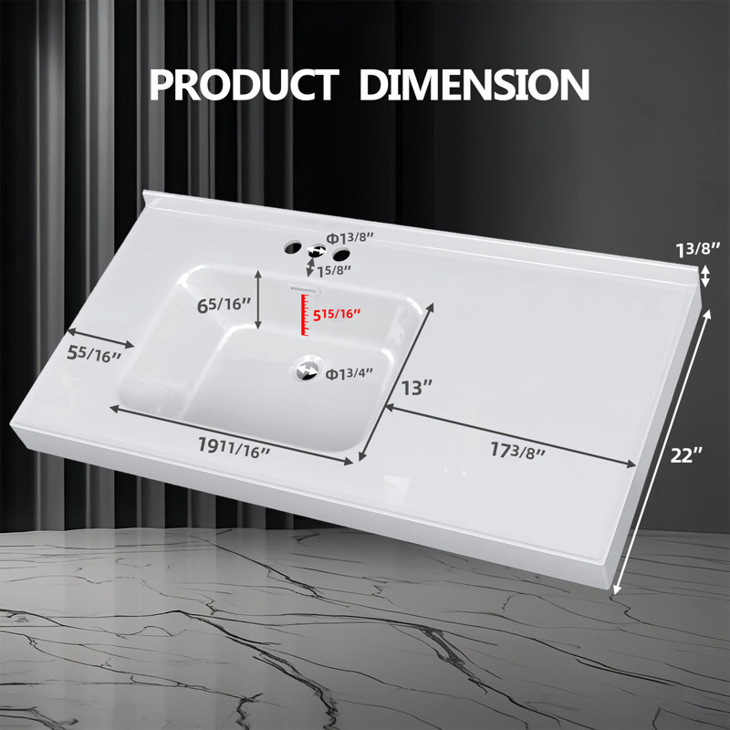 43 Inch Solid Surface Bathroom Vanity Top with Left Side Integrated Sink, 3" Thick Countertop, Raised Edge & 1.38" Backsplash, Waterproof & Easy Install