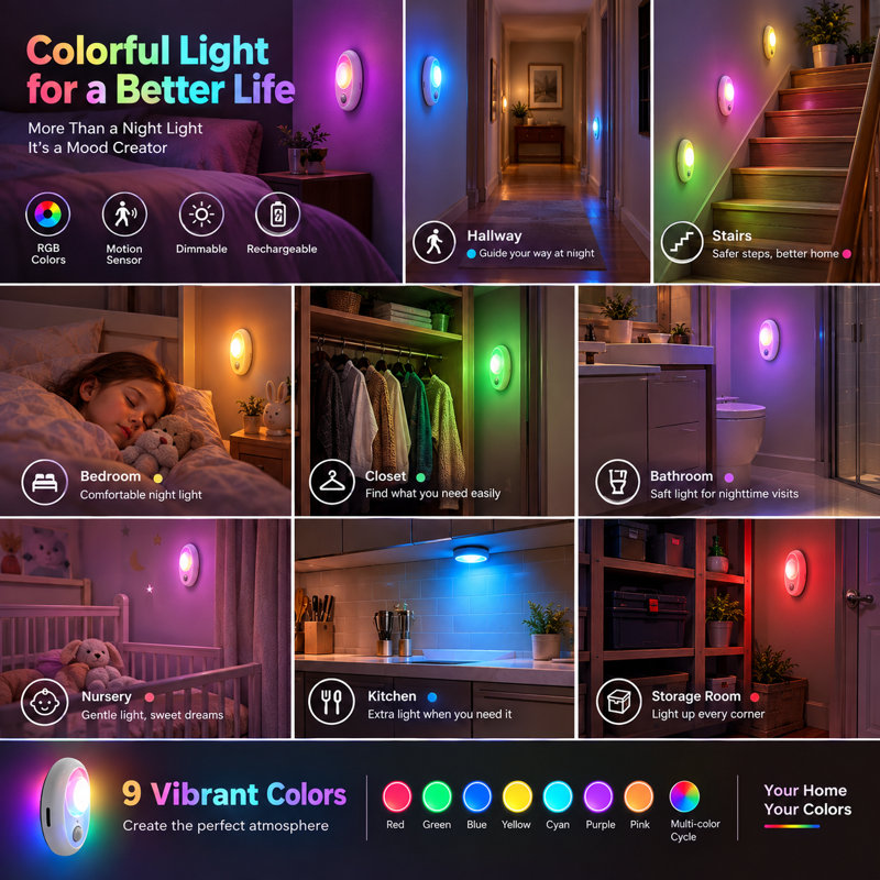 RGB Rechargeable Night Light, Motion Sensor LED Light, Magnetic Wireless Stick-On Lamp for Stairs