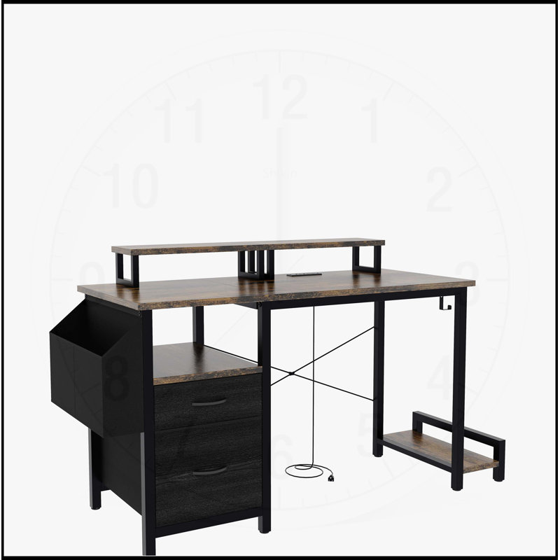 Bureau d'ordinateur multifonctionnel avec prises de courant, supports pour écran et rangement pour bureau personnel, brun rustique