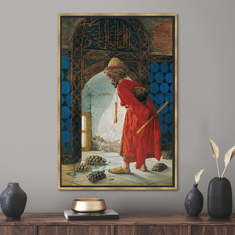 Osman Hamdi's Famous Canvas Art - The Tortoise Trainer Turkish Wall Decor Reproduction, 45" H x 33" W, Gold Floater Framed