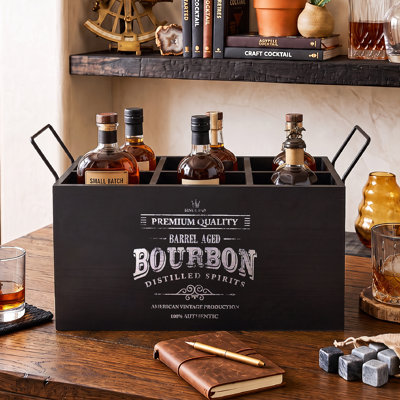 Bourbon Wooden 6-Bottle Crate with Metal Handles, Rustic Beer Caddy, Vintage Bottle Drink Carrier and Wood Beverage Storage Organizer for Home Bar, Man Cave, Kitchen, Cabin and Farmhouse Decor