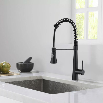 Sleek Matte Black One-handle Pre-rinse High Arc Spring Pull down Kitchen Faucet