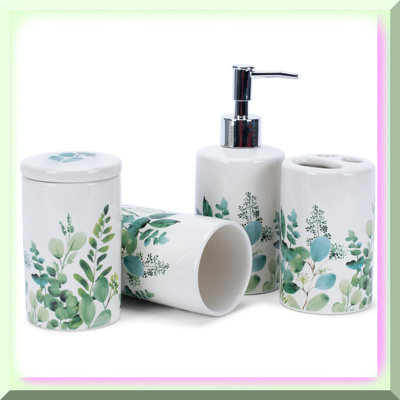 Greenery Chic 4-Piece Ceramic Bathroom Set - Modern, Rounded Design for Home Decor & Organization in Bath or Kitchen. Floral Green on Cream White.