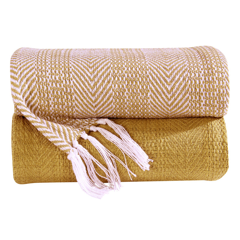 Jeté 100% coton, Aucun motif / couleur unie, Moutarde