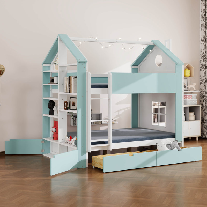 Lit superposé en bois avec tiroirs de rangement, étagères et bande lumineuse, étagères latérales intégrées, Blanc et bleu