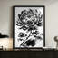 Abstrait moderne et moderne, grand chrysanthème en fleurs, petits bourgeons en dessous, style peinture à l'encre. Toile encadrée 24 "x 36" avec cadre en bois noir
