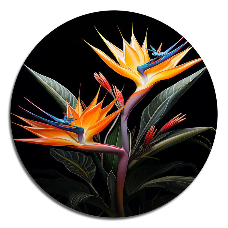 Oiseaux du paradis II - Art floral rond en métal, H 16 po x l 16 po