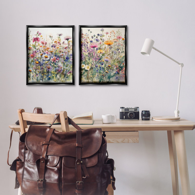 «Watercolor Daisy & Aster Field», ensemble de 2 toiles flottantes encadrées dorées par Ryley Gray, H 21 po x l 17 po