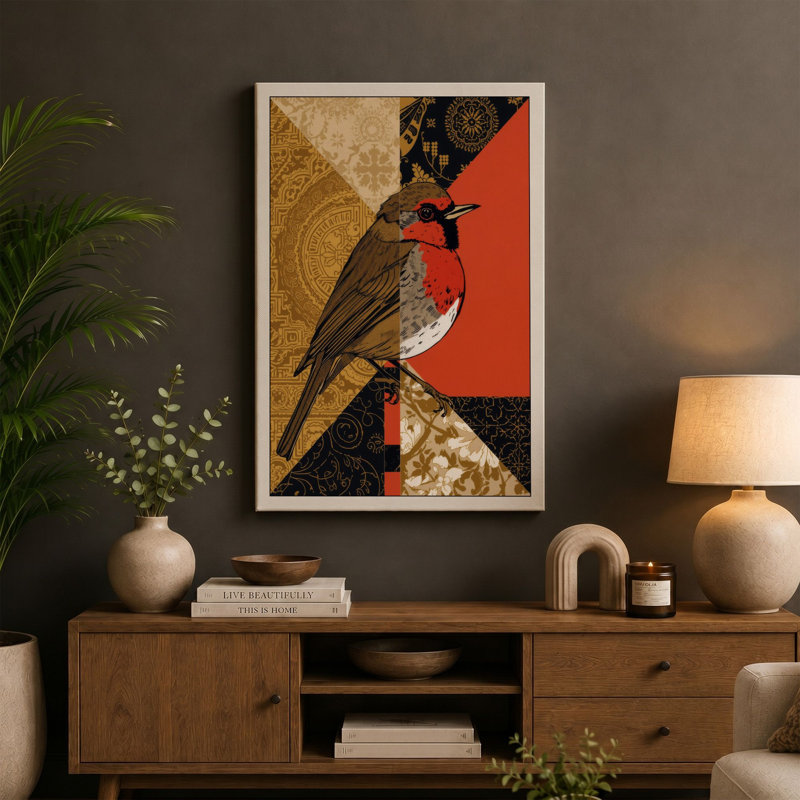 Bird in Geometry Art Deco - Wrapped Canvas, 18x12 - 45.7 x 30.5 cm, Taupe Border