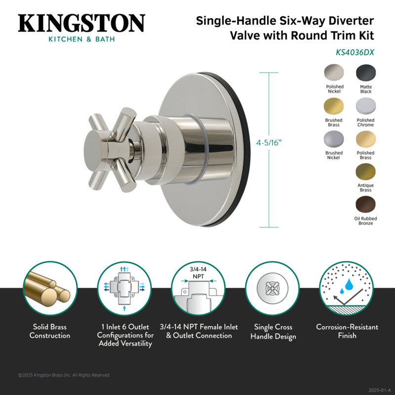 Kingston Brass Concord Single-Handle Wall Mount Six-Way Diverter Valve with Trim Kit, Antique Brass