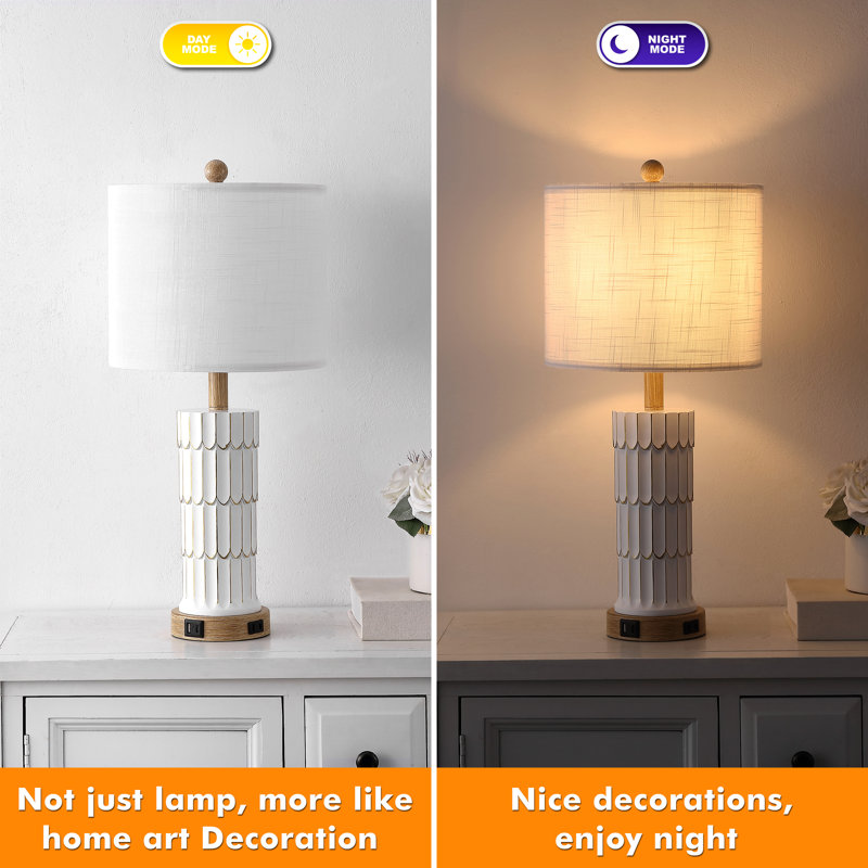 25" Resin Table Lamp Set With USB, Type-C Ports And AC-Outlet, Ivory, White