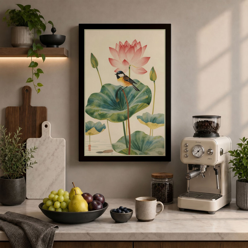 Lotus and Songbird Japandi - Wrapped Canvas, 18x12 - 45.7 x 30.5 cm, Cream Border