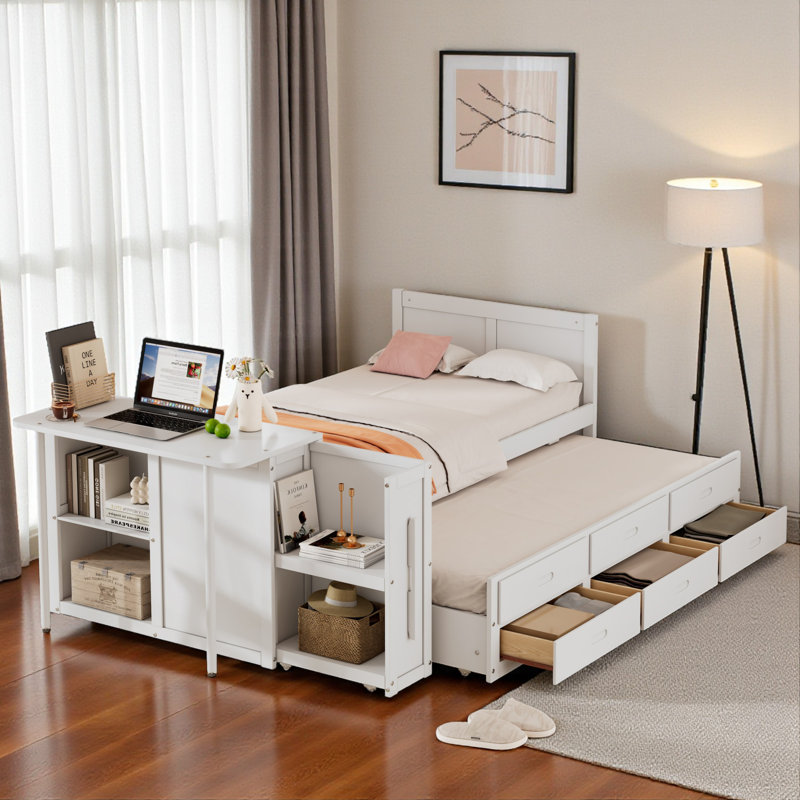 Lit plateforme simple en bois avec lit gigogne et rangement, Blanc