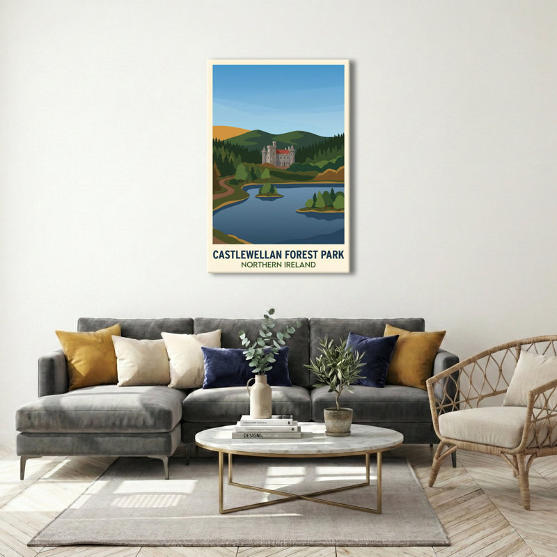 Castlewellan Forest Park, Northern Ireland - Romantic Travel Poster Of Castle, Lake And Woodland. Giclee Print On Wrapped Canvas. Wall Art, Home Decor - Parks & Gardens, Northern Ireland - Wrapped Canvas Print