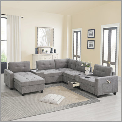 Canapé modulaire de 104 po avec repose-pieds mobile, canapé capitonné en forme de L avec consoles de rangement, chargeur USB, plateau de table en acrylique, ensemble de canapé en chenille en forme de U pour le salon