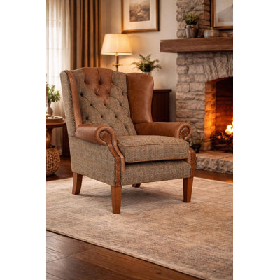 Upholstered Wool and Leather Armchair