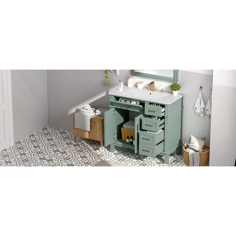 Meuble-lavabo 36 po avec lavabo en céramique, Doré, Vert