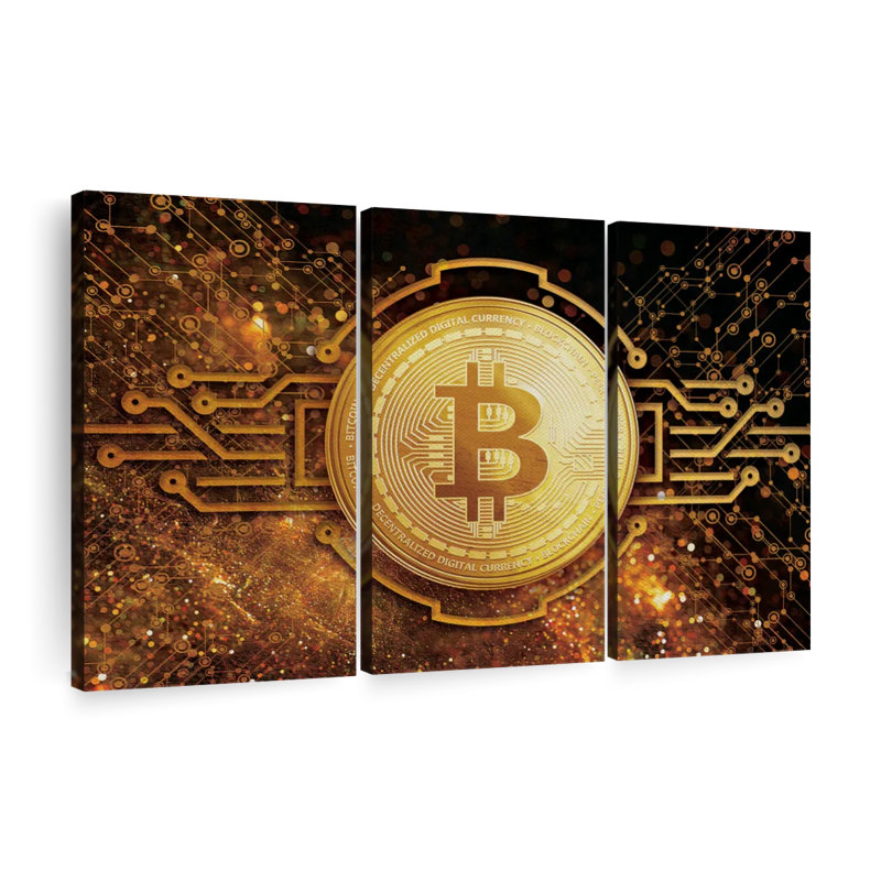 Ensemble de 3 pièces multicolores sur toile argentées avec logo "Bitcoin", H 24 po x l 38 po x P 1,25 po