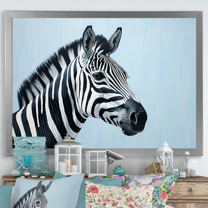 Motif zébré noir et bleu, H 12 po x l 20 po x P 1 po, Cadre simple argenté
