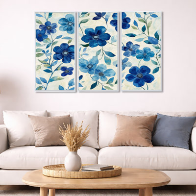 Blue Wildflowers Wall Art, Meadow Canvas - Khalid 3 Piece Framed Canvas Wall Art Set Modern Floral Decor