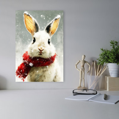 Snow Bunny Red Scarf Abstract Contemporary Rabbit Forest Landscape Wall Art Print 1 Piece Wrapped Canvas Wall Art