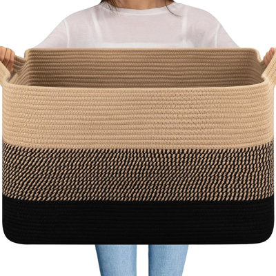Blanket Basket, 95L Cotton Rope Woven Laundry Basket, Toy Bin for Baby Room, Container for Blanket Storage in Living Room, Brown & Black