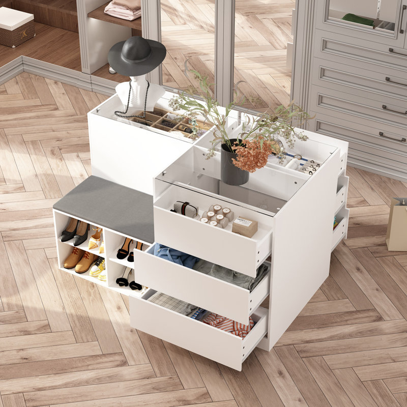 Commode 9 tiroirs avec plateau en verre, étagère à chaussures Diretha