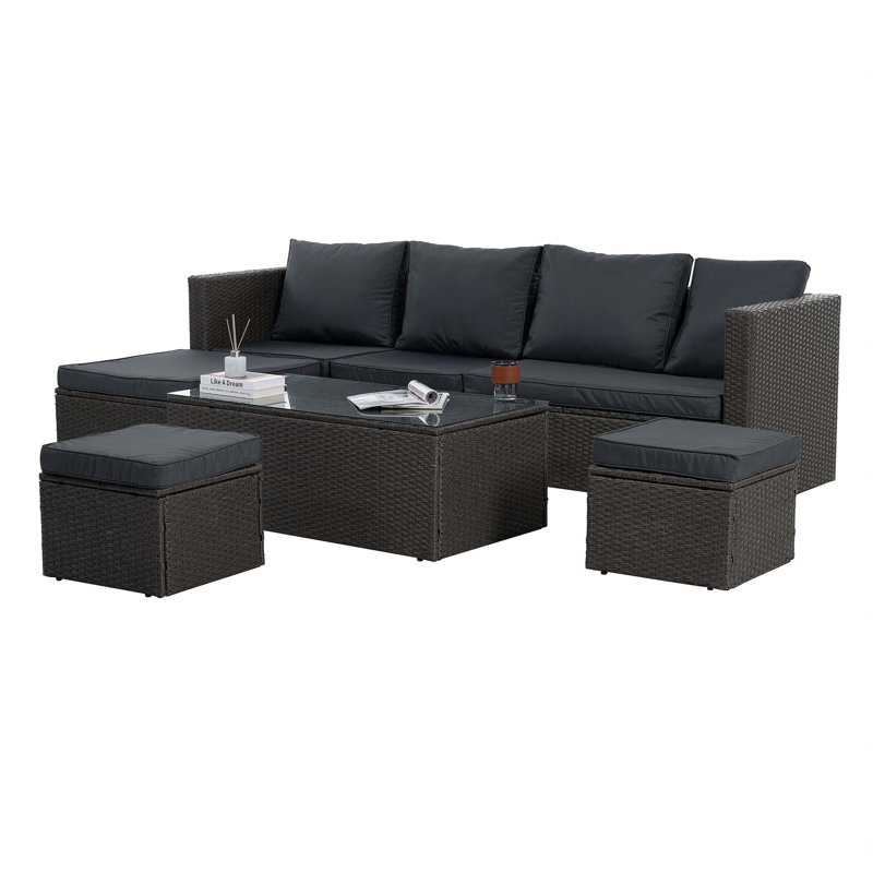 Ensemble de meubles en osier de patio pour l'extérieur, 7 pièces, Gris foncé / Gris