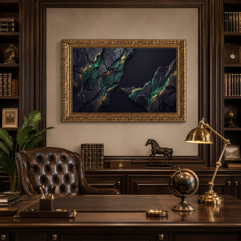 Art sur toile pierre foncée craquelée avec veines vertes et dorées, H 12 po x l 18 po