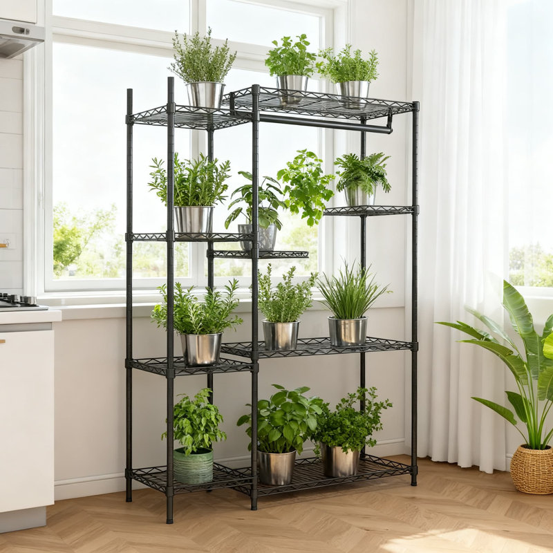 Support pour plante robuste et réglable avec tige suspendue, tablette à 4 niveaux en métal pour utilisation à l'extérieur dans le salon, le balcon et le jardin