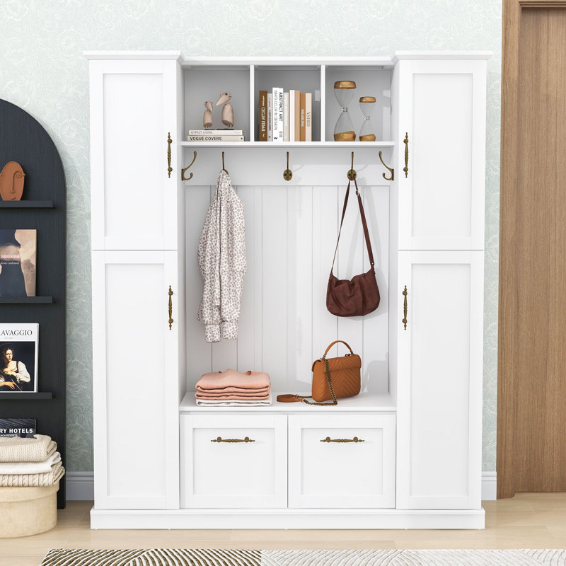 Hall Tree with Storage Bench, Cabinets, Shelves and 5 Hooks, White