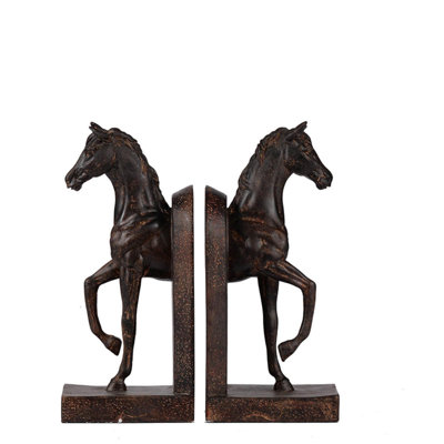 Ensemble de 2 serre-livres sculpture cheval au trot, porte-livres équestres en polyrésine à finition bronze foncé pour décor de bureau à domicile traditionnel, 5 x 4 x 10,5 pouces