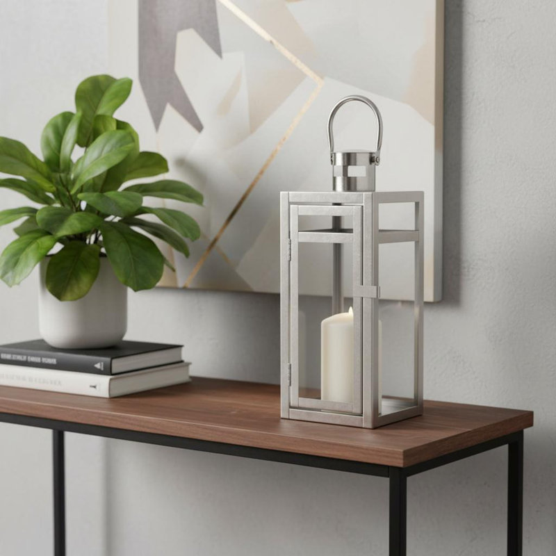 Porte-bougie de plancher 12 po en verre transparent et argenté et acier inoxydable