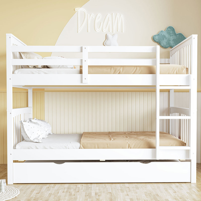 Lit superposé double au-dessus de double avec lit gigogne simple et échelle - blanc, Blanc