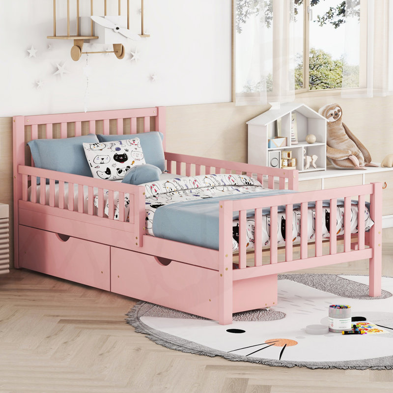 Lit plateforme en bois avec garde-corps des deux côtés et deux tiroirs de rangement, Lit simple, Rose