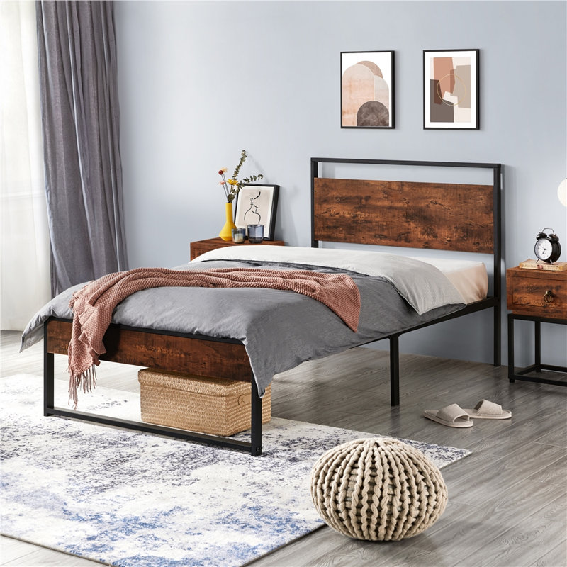 Lit plateforme rustique en métal, Simple, Acajou