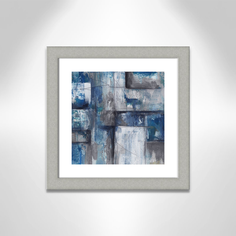 Patchwork abstrait II - peinture encadrée, Papier encadré argent brossé, H 18,5 po x l 18,5 po x P 1,25 po